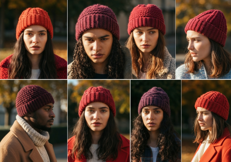 Młodzi ludzie w dzianinowych czapkach na jesiennym spacerze w miejskim stylu z liściastym tłem