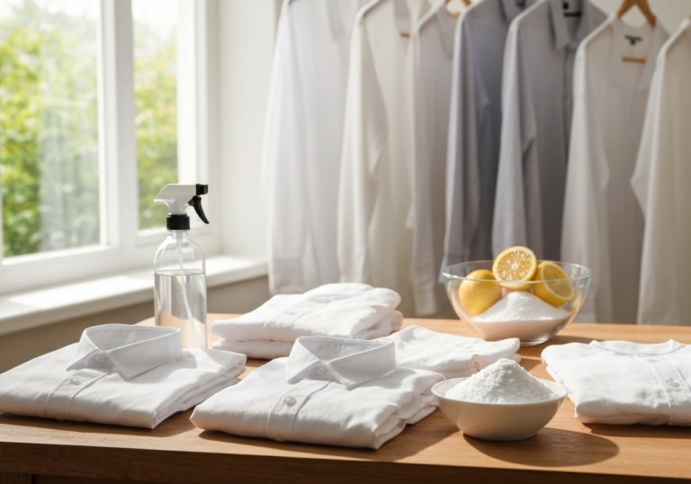 Pralnia z naturalnym światłem, drewniany stół z białymi koszulami, miska z sodą i cytryną, suszarka w tle