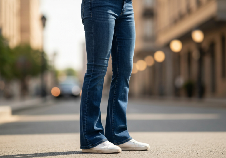 Osoba w ciemnoniebieskich dżinsach bootcut i białych trampkach na miejskiej ulicy w słoneczny dzień