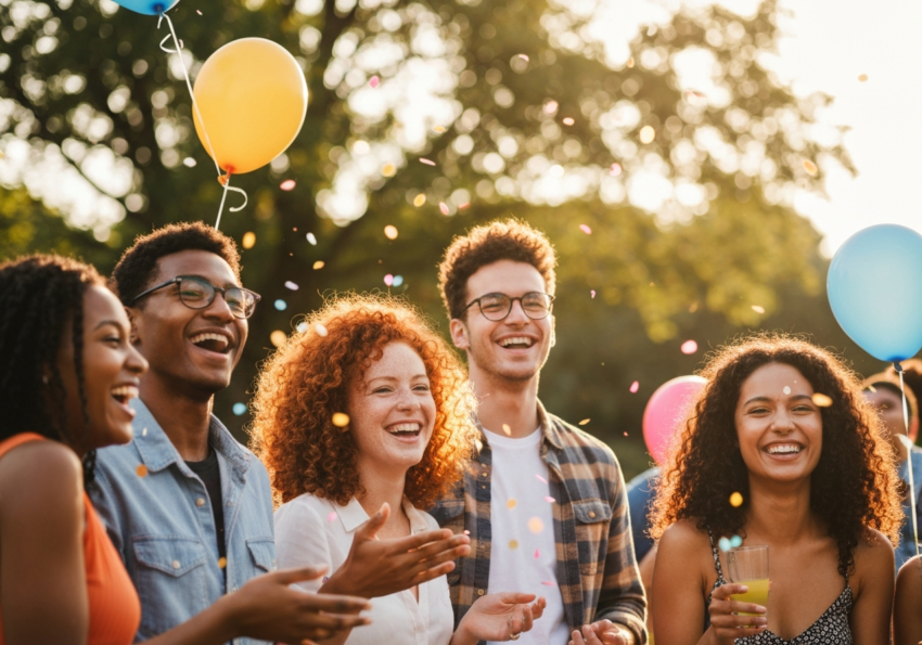 Grupa młodych ludzi świętuje osiemnaste urodziny na zewnątrz podczas zachodu słońca z balonami i konfetti