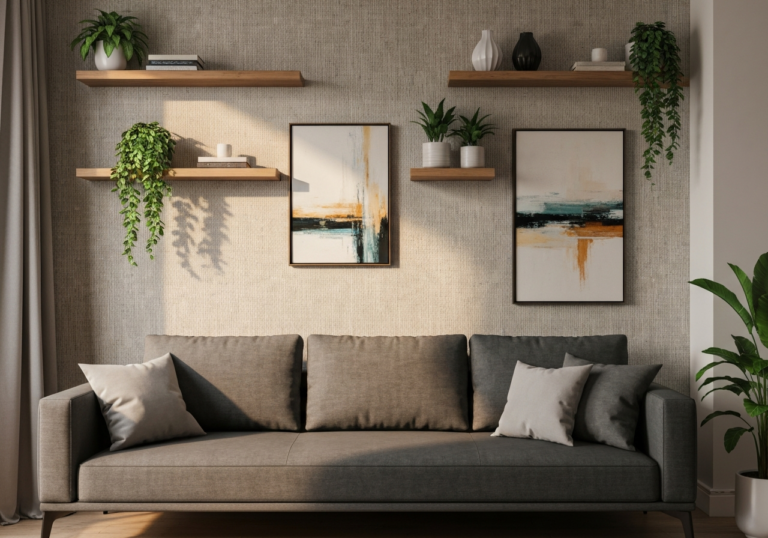 przytulny salon z nowoczesną sofą, drewnianymi półkami, roślinami i abstrakcyjnymi obrazami na teksturowanej ścianie