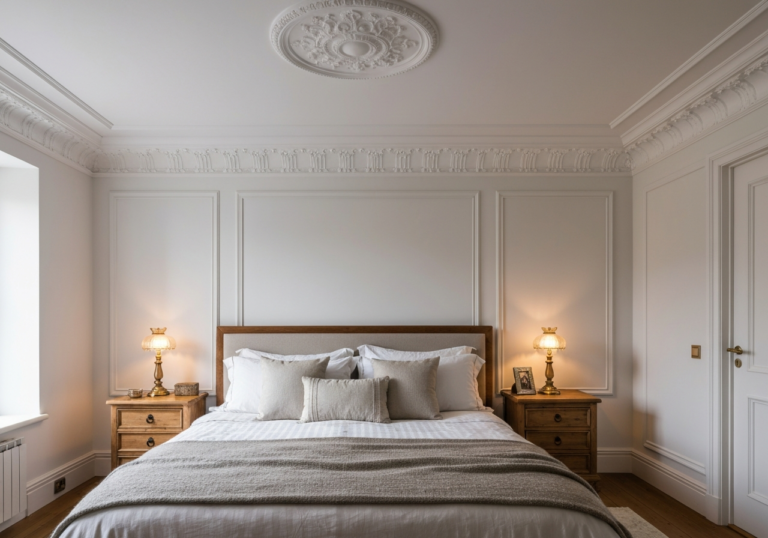 Sypialnia z białymi stiukami, łóżkiem king size, drewnianymi stolikami nocnymi i klasycznym oświetleniem vintage