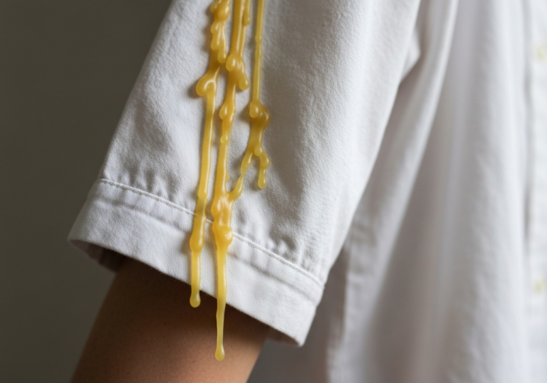 Zbliżenie rękawa bawełnianej koszuli z roztopionym żółtym woskiem świecy na tkaninie