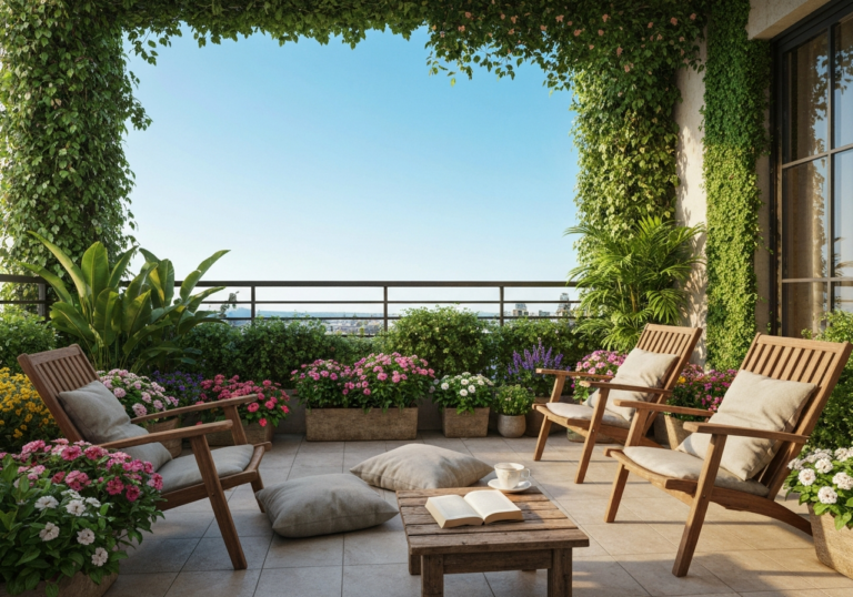 Balkon z roślinami, kwiatami, drewnianymi fotelami, stolikiem, kubkiem i książką, widok na miasto i niebo.