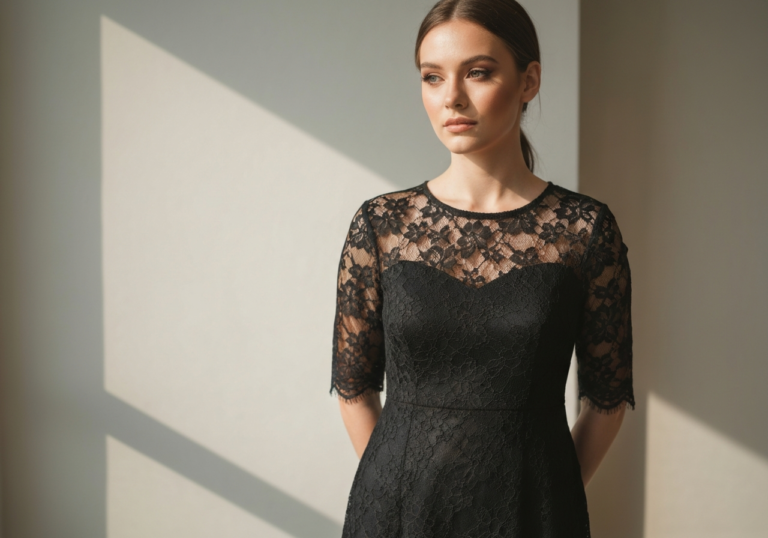 Młoda kobieta w czarnej koronkowej sukience stoi w miękkim naturalnym świetle w minimalistycznym wnętrzu