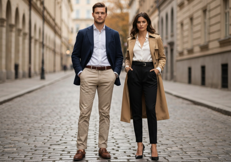 Mężczyzna i kobieta w klasycznych ubraniach na brukowanej ulicy w jesiennym, miejskim otoczeniu.