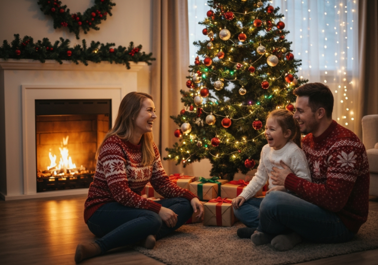 Rodzina przy choince z prezentami, świąteczne dekoracje i ciepłe światło kominka w przytulnym wnętrzu.
